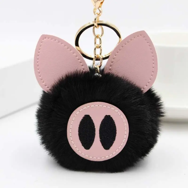 Phim hoạt hình 8cm lợn Fluffy Keychain giả thỏ lông bóng xe túi vòng chìa khóa sang trọng Pompom lợn Móc chìa khóa túi quyến rũ phụ kiện mặt dây chuyền