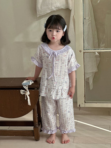 סט חצאית גזה מודפסת עם הדפס מצויר, בגדי בית לילדים, סט מכנסיים קצרים לילדות לקיץ, סופגי לחות - Product Image 5