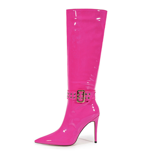 Bottes longues à talon aiguille brillant taille 47, ajustement large, avec boucles métalliques, pour femme - Product Image 1