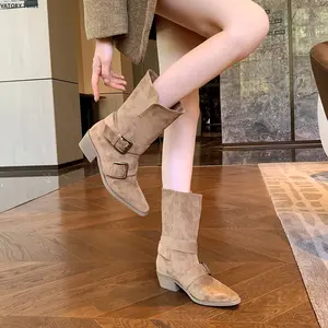 Bottes d'hiver 2-en-1 convertibles 2262-5 pour femmes à mollets larges, bottes rétro western mi-<span class=keywords><strong>mollet</strong></span> à enfiler, talons épais, grandes tailles 41-44 - Product Image 3