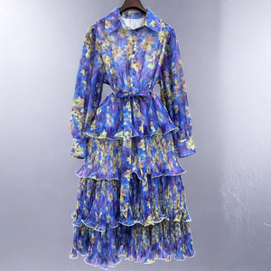 デザイナーズコレクション ボーホー エレガント ミディドレス 花柄 ナチュラルウエスト カジュアル ロング レディース シフォン ラッフル シック クラッシー ワンピース - Product Image 3