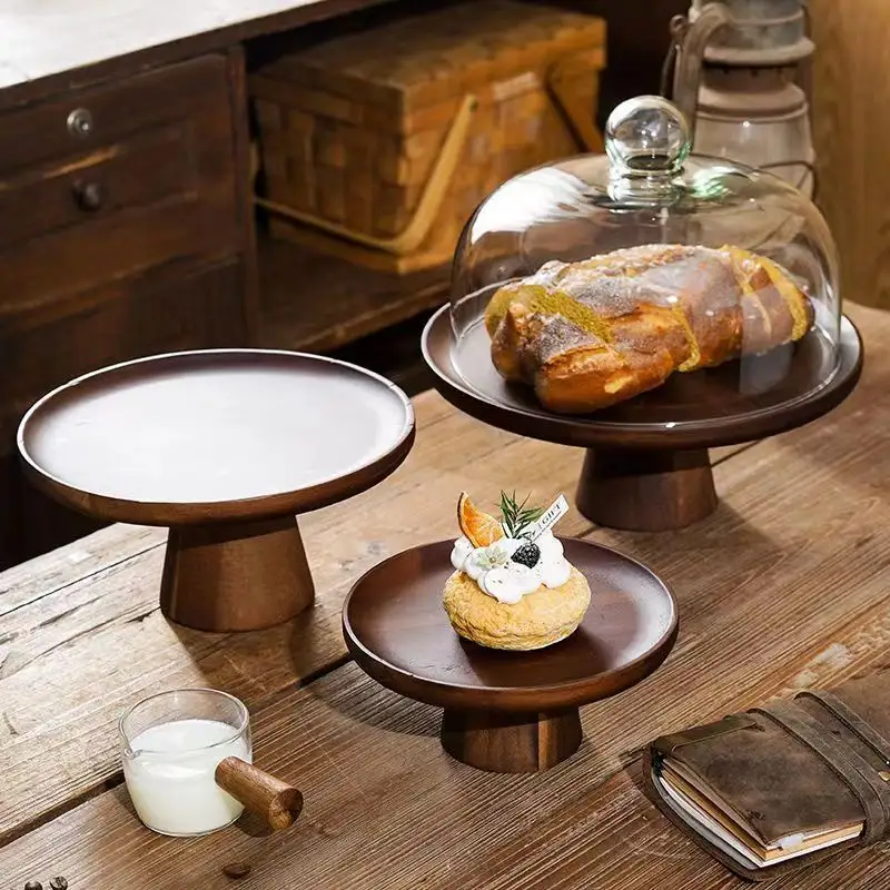 Grosir Harmony grosir nampan dekoratif bulat Set berdiri teh siang hari buah kayu Solid berkaki tinggi kue Kayu makanan penutup berdiri