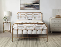 Cadre de lit en cuivre brossé à la main, style antique, lit plateforme en fer classique avec tête de lit décorative, meubles pour la maison et l'hôtel