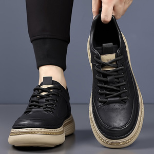 Men's Spring Casual Leather Sneakers Round Toe Lace-up Light Weight Walking Shoes Solid Color <b>Rubber</b> Outsole Cow Leather Upper - Product Image 4