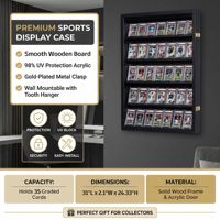 Vitrine de présentation pour cartes de sport graduées en bois noir à 35 emplacements, verrouillable, double usage mural et sur table, protection UV, cadre pour cartes à collectionner