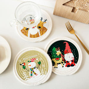 Salvamanteles Aislante con Estampado Navideño, Redondo, de Cuerda de Algodón Beige, con Diseño de Reno, Muñeco de Nieve y Duende, para Uso Doméstico - Product Image 5