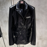 Blazer en Cuir Verni Brillant Double Boutonnage pour Femme, Veste de Bureau en Véritable Peau de Mouton