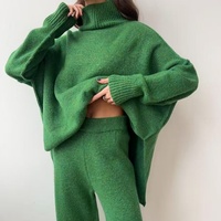 Ensemble pantalon et pull en laine à col montant et fente, couleur unie, ample et décontracté, nouvelle mode 2026