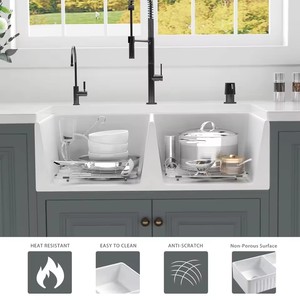 Lavello da <span class=keywords><strong>Cucina</strong></span> XINFUMEI 33 Pollici in Ceramica Bianca, <span class=keywords><strong>Design</strong></span> Moderno Rettangolare a Doppia Vasca con Garanzia di 3 Anni - Product Image 4
