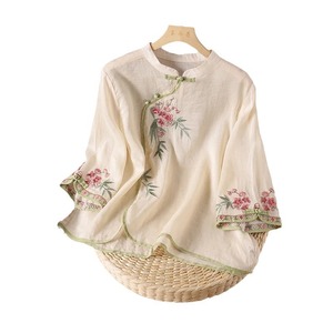Yellow Cotton Linen Blouse Women Three Quarter Sleeve Embroidery Stand Collar Asymmetrical Placket Frog Button Top Everyday Wear - Product Image 5