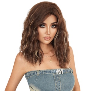 Tóc giả màu nâu tự nhiên cao cho phụ nữ nhỏ dài ngang vai cơ thể sóng tóc xoăn bên tóc mái làm nổi bật Vàng chịu nhiệt - Product Image 5