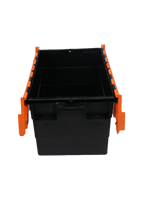 Conteneur de transport empilable en plastique noir et orange QS avec couvercle articulé robuste et couvercle à charnière pour usage industriel