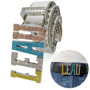 定制珠光七彩水钻皮带扣时尚品牌字母标志金属电镀裤紧固件男士真皮合金锌 - Product Image 1