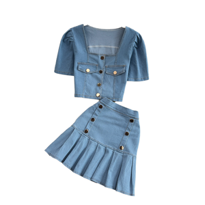 2-Piece Women's Summer Y2K <b>Square</b> Collar Top & Above Knee High Waist Regular Fit Solid Woven Denim <b>Set</b> - Product Image 1