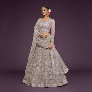 Embroidered Woven <b>Net</b> Lehenga Choli Set Long <b>Top</b> A-Line Traditional Women Outfit Wedding Party Dress - Product Image 1
