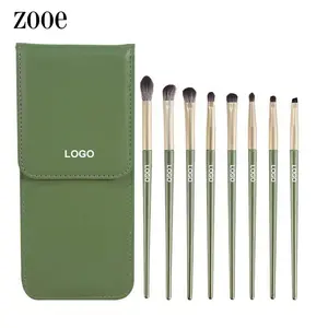 Wholesale 8pcs Eco-Friendly Professional Travel Cosmetic Brushes Set Green Wooden Handle Fan & Flat Eyeliner Brushes