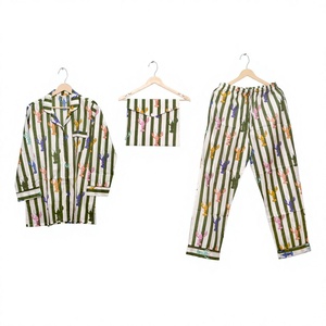 Ensemble de pyjama en coton rayé à fleurs pour femmes, manches longues, taille élastique, imprimé doux, vêtements de nuit décontractés, vêtements d'été - Product Image 1