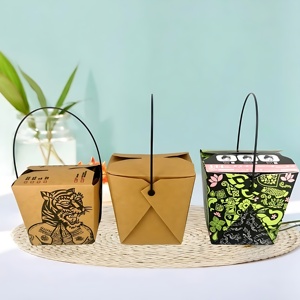 กล่องกระดาษคราฟท์แบบกำหนดเอง YBLPAK พร้อมหูหิ้วพลาสติก ป้องกันการรั่วซึมและคราบไขมัน กล่องใส่อาหารแบบซ้อนได้ สำหรับอาหารร้อนและเย็น - Product Image 1