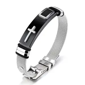 फैशन Wristband आकार समायोज्य जाल बेल्ट काले पार कंगन, स्टाइलिश पुरुषों के स्टेनलेस स्टील धार्मिक ईसाई गहने //