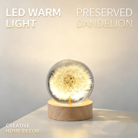 Lampe de nuit LED en boule de cristal de pissenlit véritable préservé, base en bois, globe de fleurs en résine, décoration d'intérieur, cadeau d'anniversaire