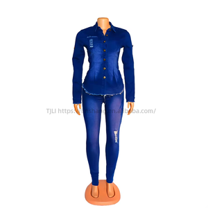 Conjunto de dos piezas de mezclilla lavada de moda, casual, de manga larga, con cuello vuelto y corte ajustado - Product Image 3