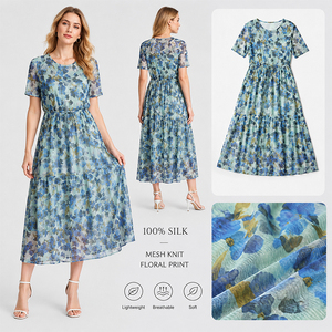 Robe longue d'été en soie pour femme, à manches courtes, col rond, imprimée, en maille, grande taille, coupe ample, personnalisable avec logo, douce, respirante, qualité supérieure - Product Image 1