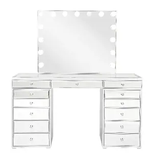 MR Bedroom Furniture Glass Mirrored Vanity Makeup Table Beauty Salon Cosmetic Dressing Table with Lights Around Mirror