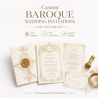 Suite d'invitations de mariage de luxe en papier coton texturé gaufré or baroque, avec sceau de cire, ruban doré et impression personnalisée