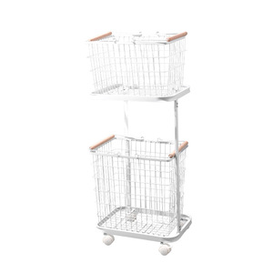 Wrought Iron Laundry Basket White Rectangle Standing Type Wheeled Clothing Organizer Storage Basket - Product Image 2
