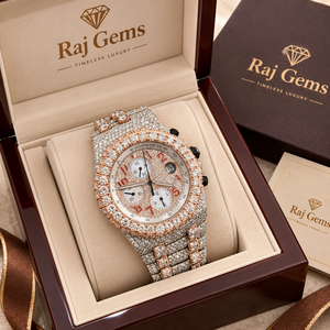 นาฬิกาข้อมือผู้ชาย Raj Gems รุ่นโรสโกลด์ ตัวเรือนสแตนเลสสตีล ขนาด 41 มม. หน้าปัดทาคีมิเตอร์ 20 มม. ประดับเพชร พร้อมฟังก์ชั่นโครโนกราฟ ดีไซน์หรูหรา - Product Image 1