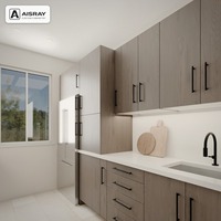 Meuble de cuisine moderne en chêne blanc avec portes à battants, aménagement en galley, dimensions personnalisées, boîtes de rangement en contreplaqué et rangement coulissant