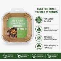 Vente en gros de doublures en papier sulfurisé pour friteuse à air carrée de 6,3 pouces, 16x16x4,5 cm, 38 g/m², antiadhésives, conformes aux normes FDA LFGB, emballage en vrac OEM FBA