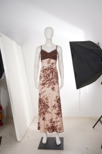Vestido Largo de Mujer con Tirantes Finos de Encaje, Estampado Floral Marrón, Cuello en V, Verano, Casual, Elegante, Nuevo Estilo 2026 - Product Image 6