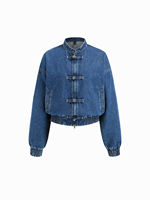 Blouson Bomber en Jean pour Femme Style Chinois avec Boutons Grenouille, Veste Courte Vintage à Col Montant et Taille Élastique pour Printemps Automne