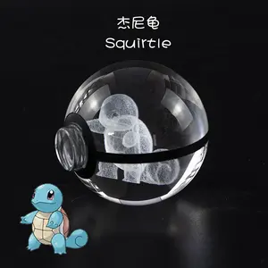 Pokeball Factory Bulk Multichoice 50MM 80MM 3D Laser Engraved Anime Glass Crystal PokeBall Set With LED Light Base For Children's Gift