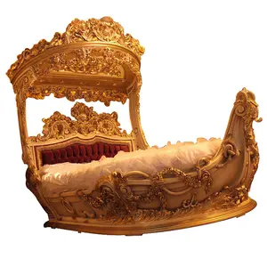 Castle Wooden Boat Round Bed Carved Wood Indian style Gold Antique Twin Bedroom furniture Luxury Baroque Super King Size Beds
