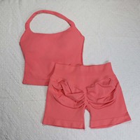Set Pakaian Yoga Seamless Logo Kustom HIGH WAIST Pakaian Olahraga Wanita Atasan Halter Crop Top dan Celana Pendek Dua Potong Dengan Bantalan Dada