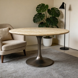 Popular <b>Round</b> Natural Travertine <b>Top</b> with Iron Pedestal Travertine Dining <b>Tables</b> - Product Image 6