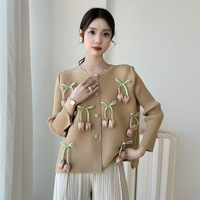 Nouveauté 2026 : Blouse plissée Miyake à nœud floral unie pour femme, manches longues, style japonais et coréen, haut doux et élégant
