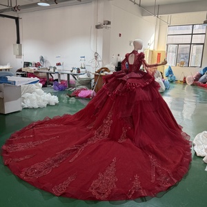 Robe de bal de Quinceañera Jxs10 bordeaux scintillante, robe de mariée sans manches avec appliques, longueur ras du sol, traîne chapelle, pour mère de la mariée - Product Image 2