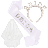 Kit moderne de bandeau, voile et ceinture de mariée orné de perles avec diadème - Cadeau pour fête prénuptiale et enterrement de vie de jeune fille (Ceinture blanche argentée)