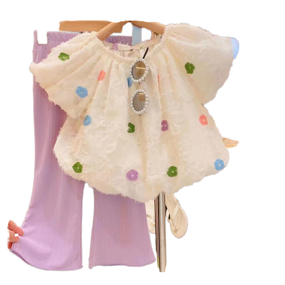 2025 New Girls' Clothing Set Colored Polka Dot Tops + Bell Bottoms for Children's Age Group