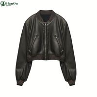 Veste Courte en Similicuir pour Femme, Collection Printemps 2023, Style Vintage, Manches Longues, Poches Plaquées, Haut Chic