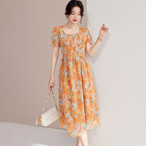 Plus Size French Style High Waist Floral Dress Square Neck Orange Purple Blue Polyester Summer Women's Dress - Product Image 1