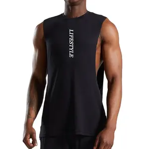 Geborduurd Logo Spier Tank Top Deep Cut Gym Tank Top Mannen Vlakte Tank Top