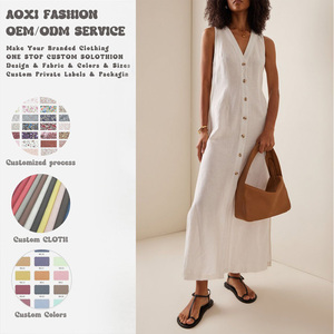 Abiti Estivi OEM Maxi Senza Maniche con Scollo a V in Lino/Cotone Antirughe Traspiranti Tinta Unita Abbigliamento Casual da Donna - Product Image 1