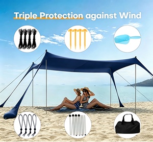 Abri de plage facile à installer avec cordons élastiques et ancrage par sacs de sable – Équipement de vacances d'été – Tente de plage pare-soleil - Product Image 1