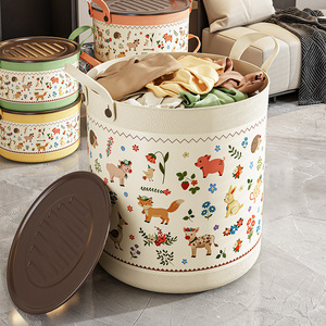Cartoon Printed <b>Storage</b> Bin Round Large Capacity Household Organizer With Lid For <b>Clothes</b> And Toys - Product Image 1