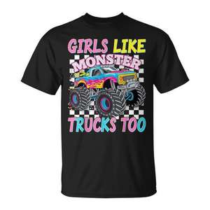 Las chicas también les gustan los Monster Trucks, camiseta negra para adultos unisex - Product Image 1