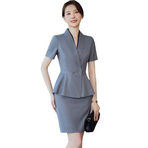 White Women's Suit Set Short Sleeve Summer Office Lady Anti-Wrinkle Polyester Short Skirt Professional <b>Work</b> Attire - Product Image 5